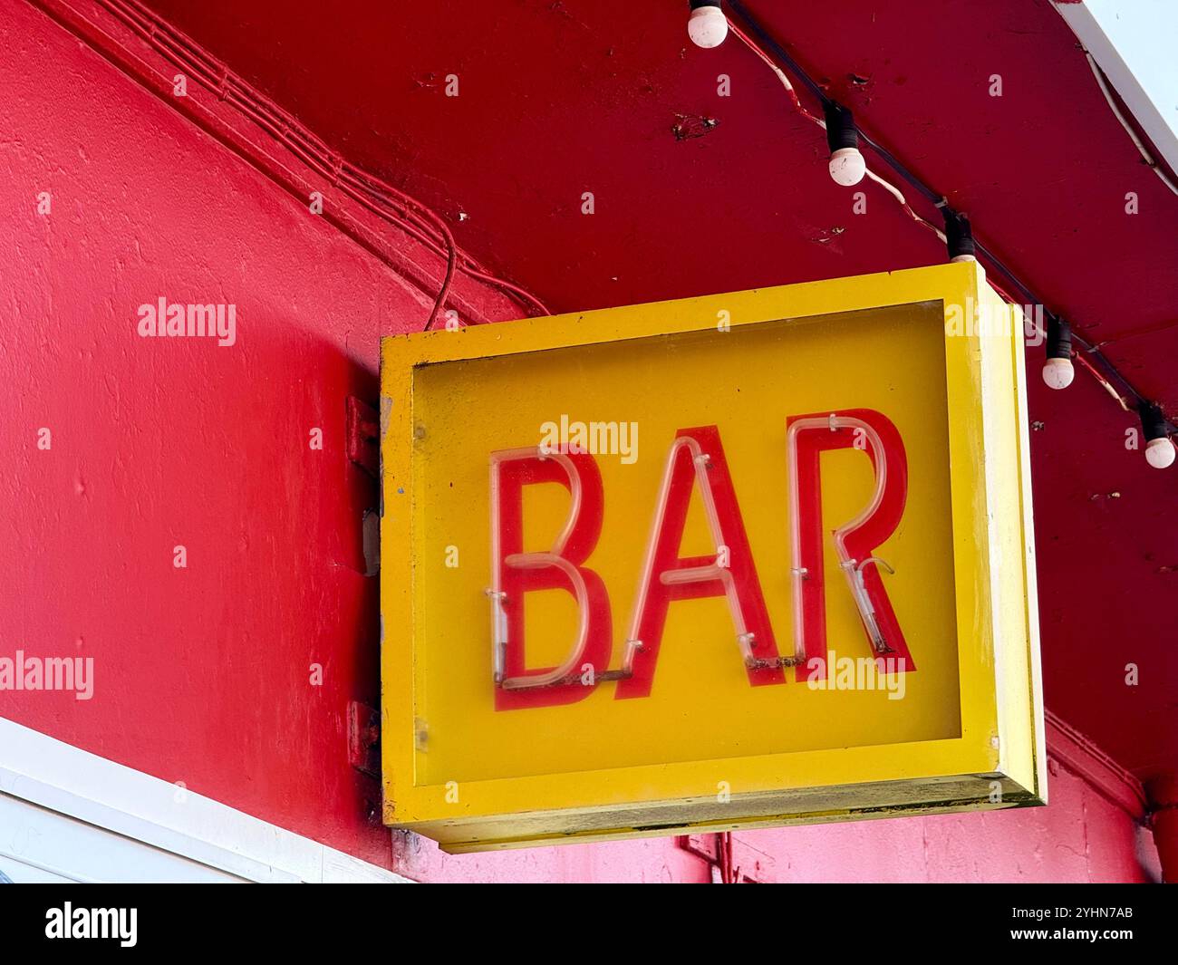 Neon Bar sign (not illuminated) on Central Pier, Blackpool UK - Smartphone Captured Stock Image