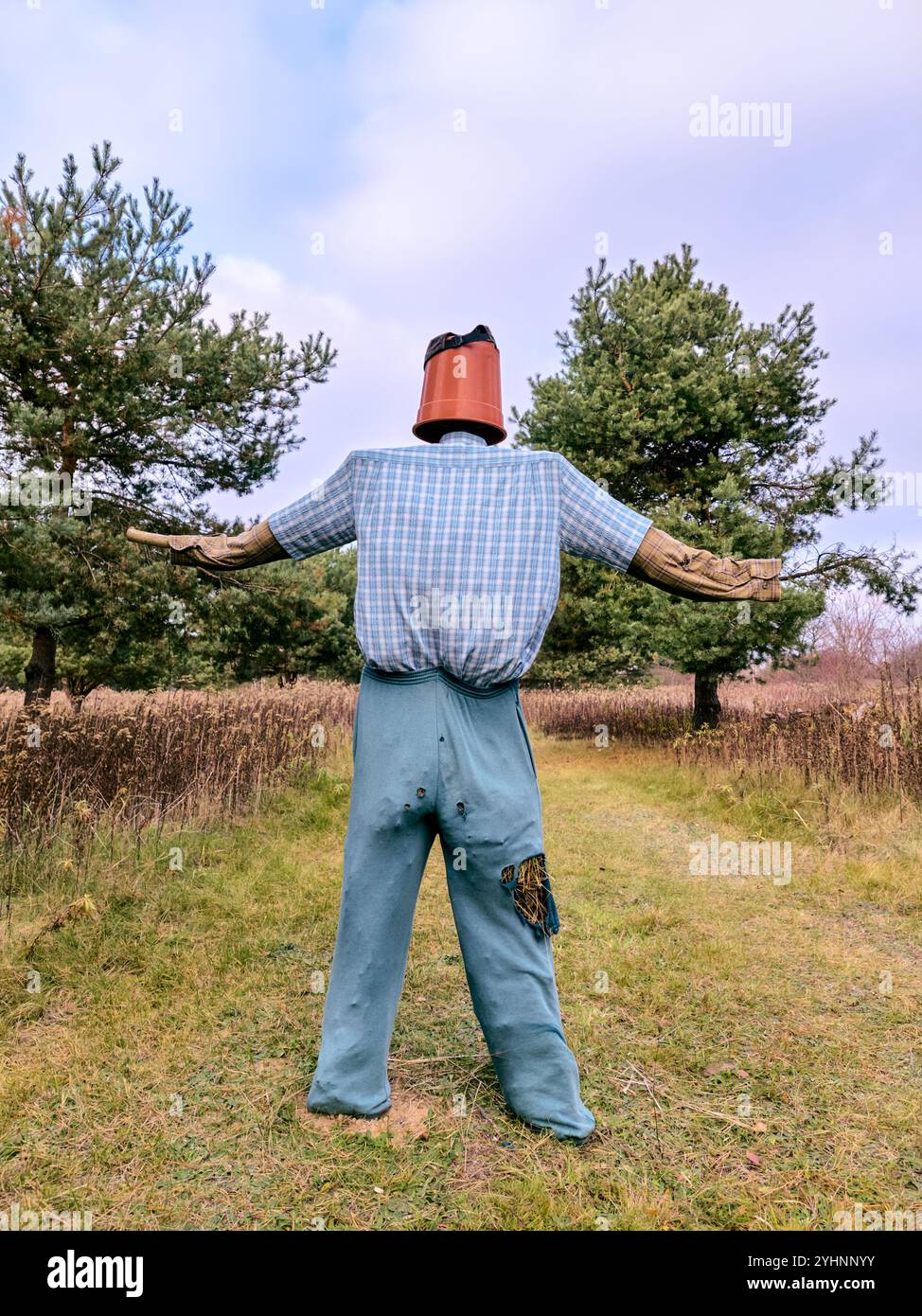 Rear view of a homemade scarecrow with a plastic pot for a head, wearing a plaid shirt, patched blue pants, and outstretched arms in a dirt road. - Smartphone Captured Stock Image