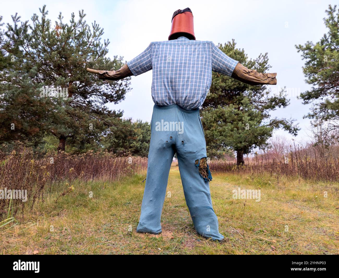Rear view of a homemade scarecrow with a plastic pot for a head, wearing a plaid shirt, patched blue pants, and outstretched arms in a dirt road. - Smartphone Captured Stock Image