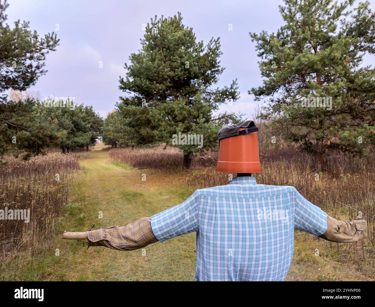 Rear view of a homemade scarecrow with a plastic pot for a head, wearing a plaid shirt, patched blue pants, and outstretched arms in a dirt road. - Smartphone Captured Stock Image