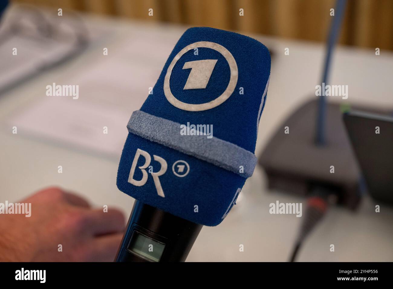 Munich, Germany. 12th Nov, 2024. An ARD/BR microphone stands on a table during a press conference. Credit: Peter Kneffel/dpa/Alamy Live News Stock Photo