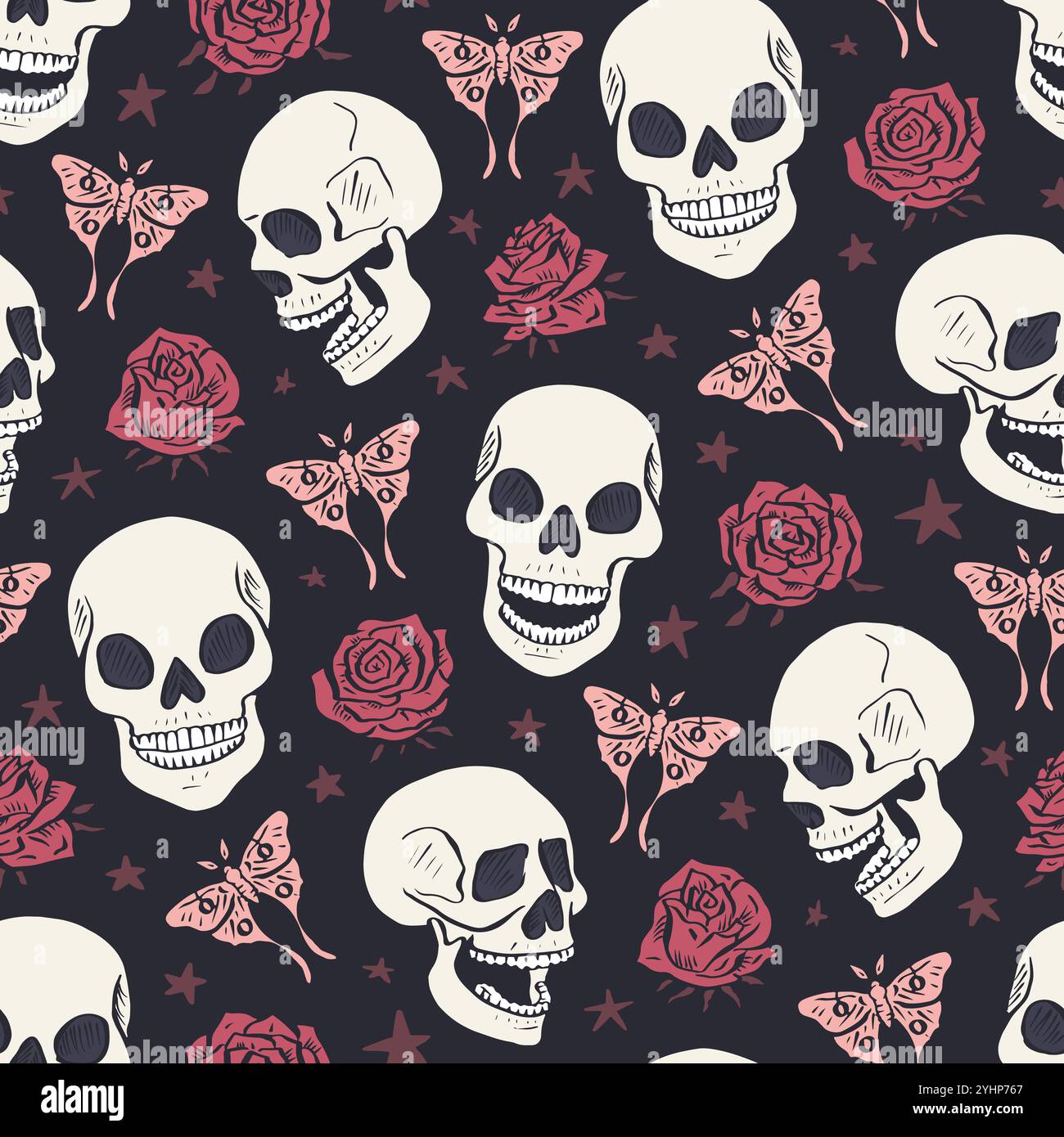 Seamless pattern with hand drawn inky floral skulls surrounded by luna moths and roses Stock Vector