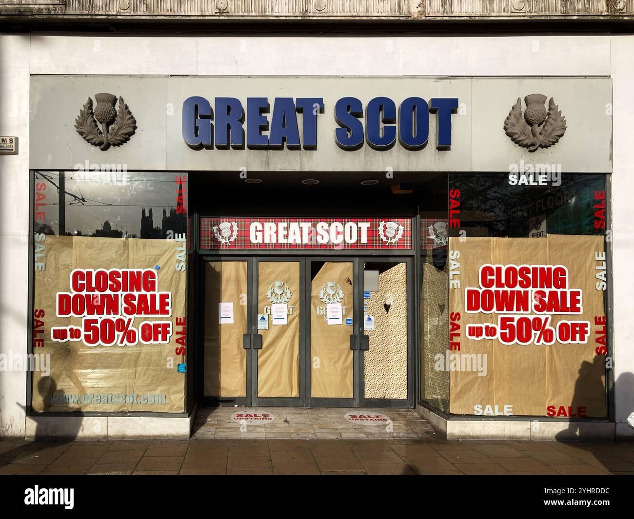 Great Scot Gift shop boarded up and closed down, Princes Street, Edinburgh, Scotland - Smartphone Captured Stock Image