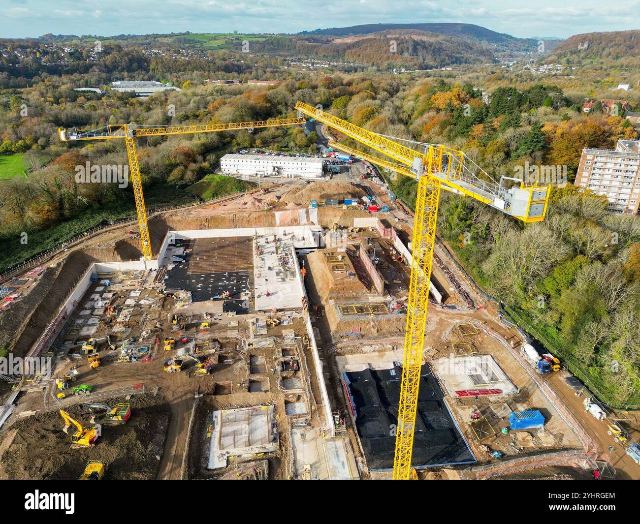 Whitchurch, Cardiff, Wales, UK - 12 November 2024: Aerial view of tower cranes and machines working on the site of a new hospital on the outskirts of Stock Photo