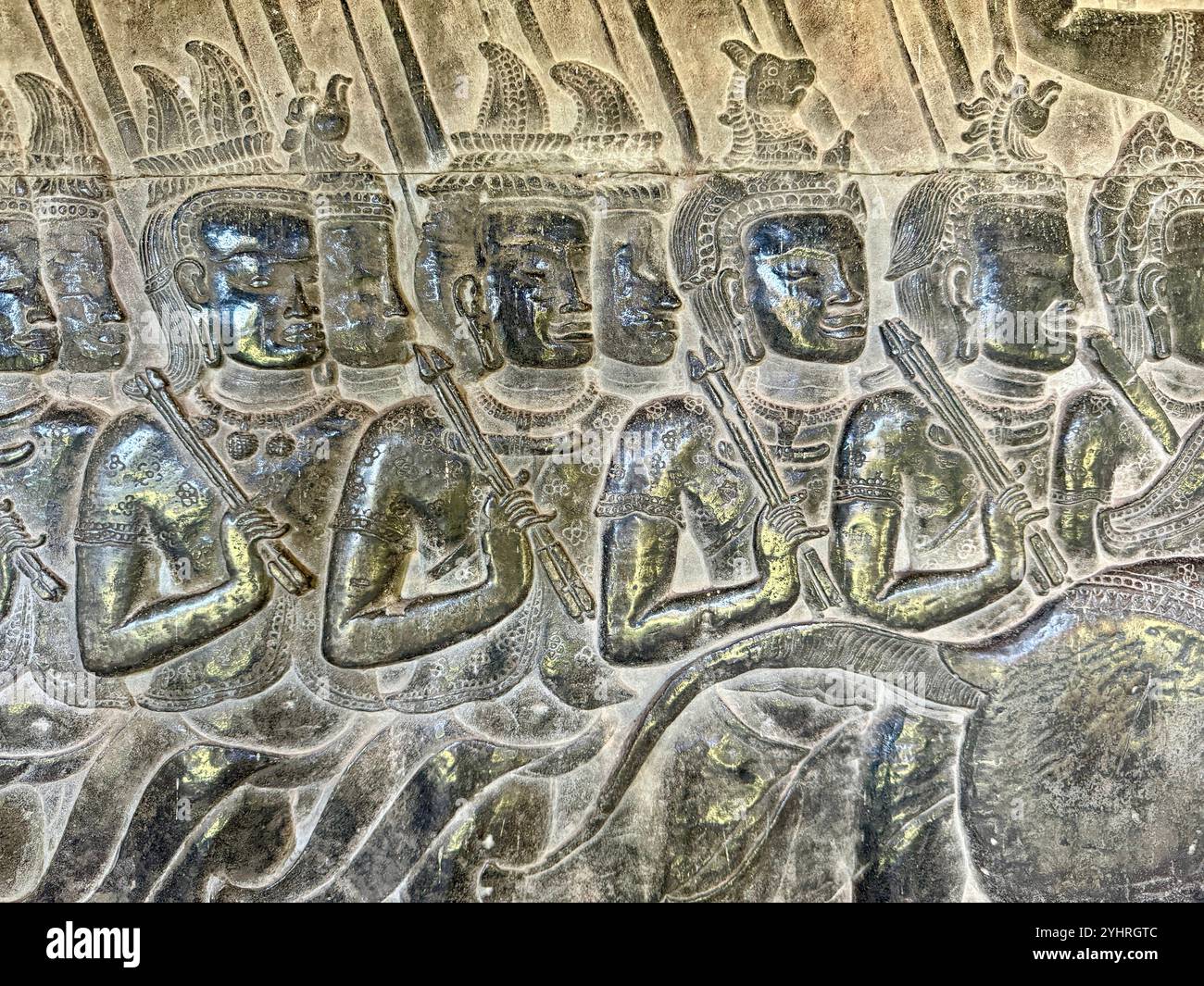 Angkor Wat  - military frescoes, Unesco world heritage site, Siem Reap , Cambodia - Smartphone Captured Stock Image