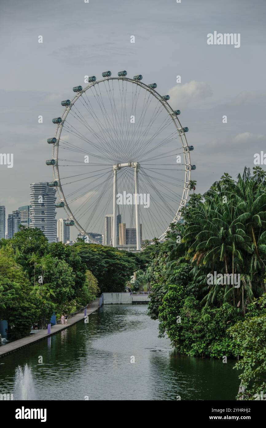 The Singapore Flyer observation wheel stands tall over looking the Gardens by the bay wetlands environmental area. Stock Photo