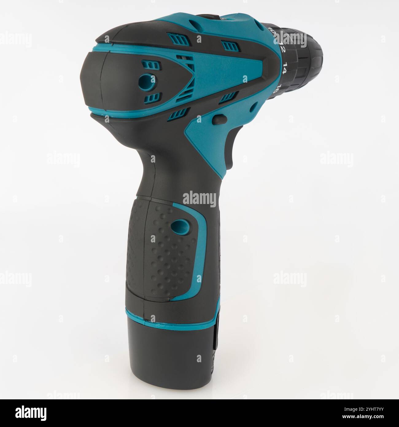 Cordless screwdriver on light background rear view. Stock Photo