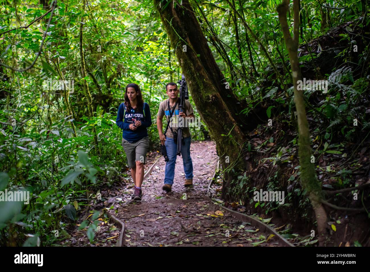 George of the Cloud Forest, guide and specialist, guides a young woman through Monterey cloud forest during fauna tour, Costa Rica Stock Photo