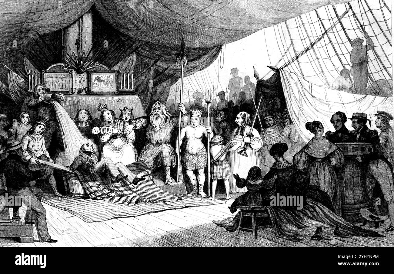 Illustration of a line crossing ceremony on a ship. This initiation ...