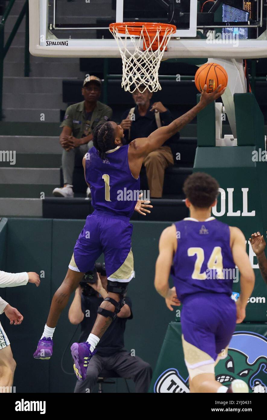 New Orleans, United States. 11th Nov, 2024. Alcorn State Braves guard Michael Pajeaud (1) shoots a layup during a NCAA men's basketball contest at Devlin Fieldhouse on Monday, November 11, 2024 in New Orleans, Louisiana. (Photo by Peter G. Forest/Sipa USA) Credit: Sipa USA/Alamy Live News Stock Photo