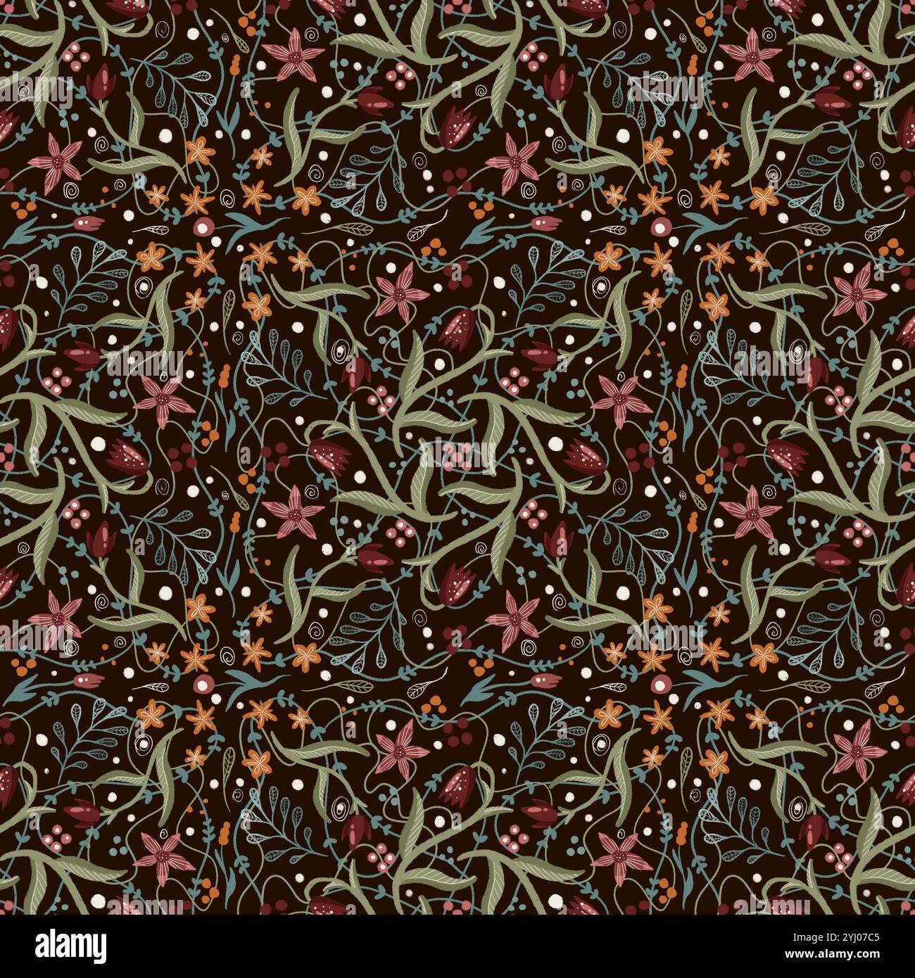 A vibrant floral pattern featuring diverse, beautiful blossoms and greenery, ideal for stylish, chic designs. Digital art on a dark background, for printing on fabric and paper. Stock Photo
