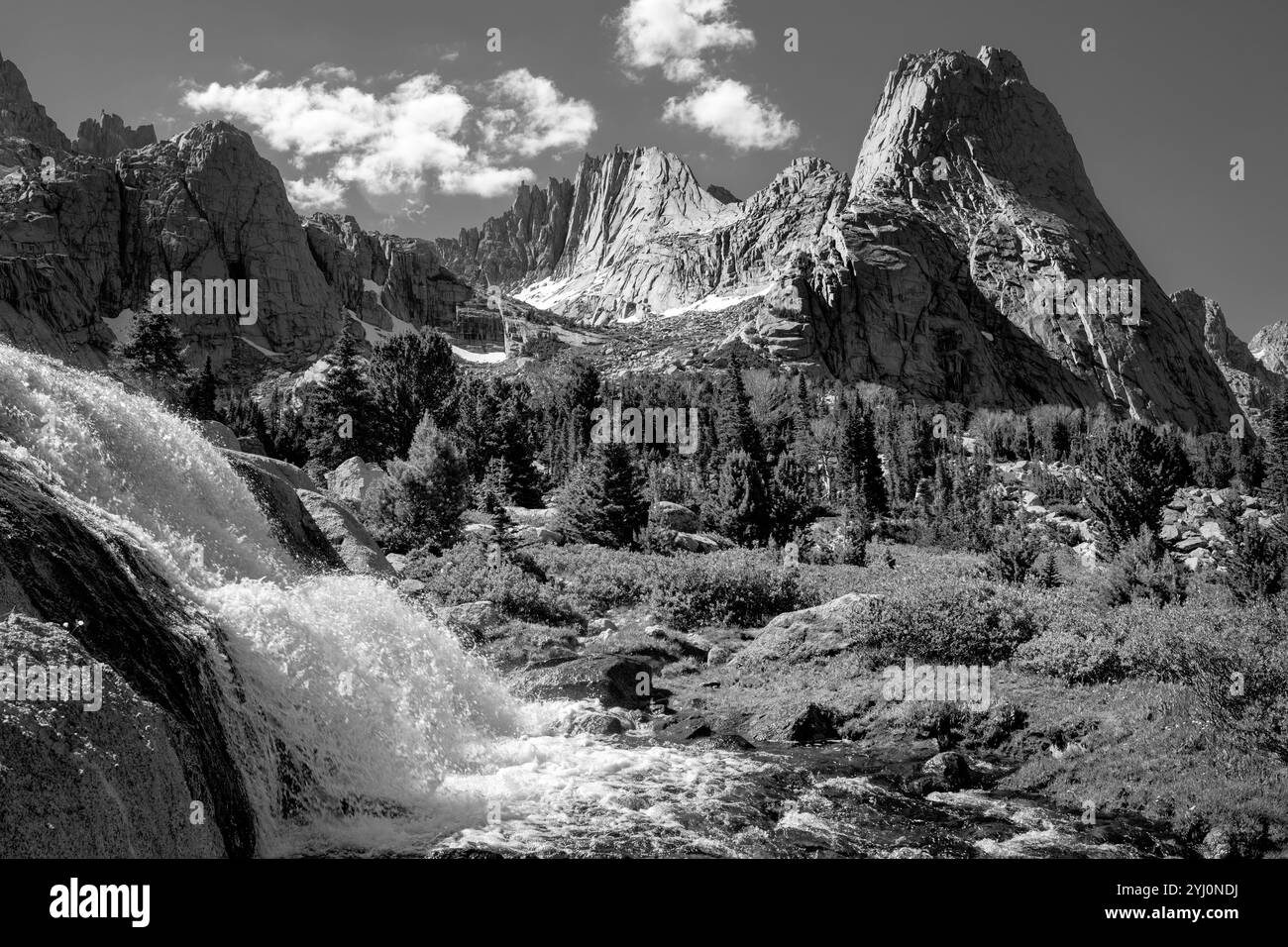 WY05436-00-BW.......WYOMING - Waterfall and the Cirque Of Towers, Popo Agie Wilderness, Shoshone National Forest Stock Photo