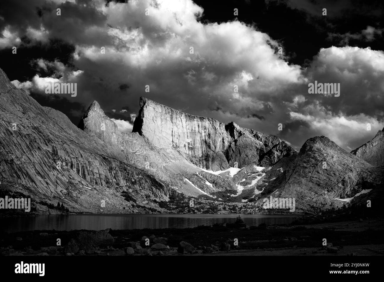 WY05457-00-BW....WYOMING - East Temple Peak and Lost Temple Spire above Deep Lake, Bridger Wilderness, Bridger National Forest. Stock Photo