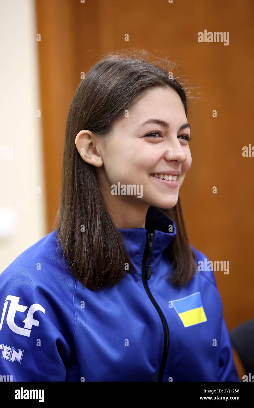 Non Exclusive: IVANO-FRANKIVSK, UKRAINE - NOVEMBER 11, 2024 - Athlete Dariia Tomenchuk attends a news conference of Ukrainian taekwondoins and Merited Stock Photo