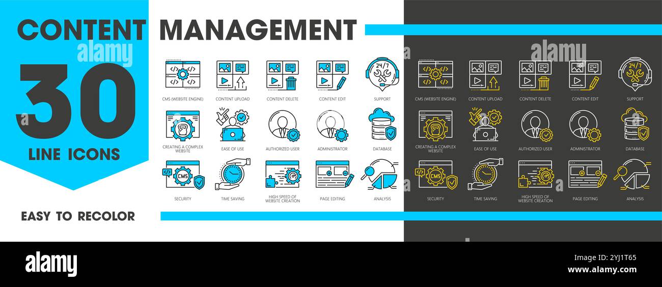Cms symbols, Content management system icons. Website engine, content upload, edit and delete, support, authorized user and administrator. Database, security or time saving, page editing and analysis Stock Vector