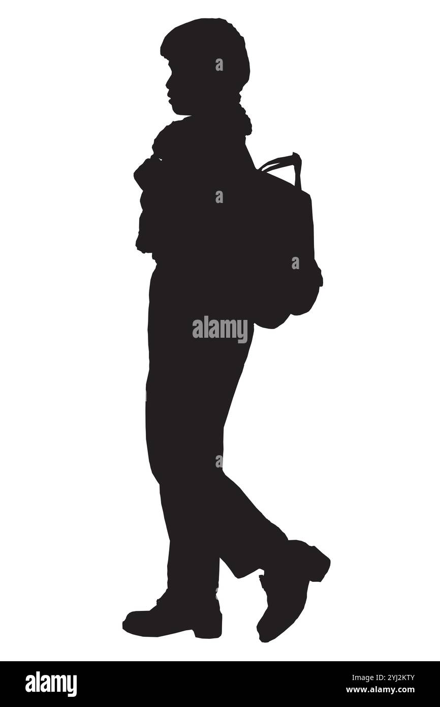 Silhouette of a man walking with a backpack isolated on a white ...