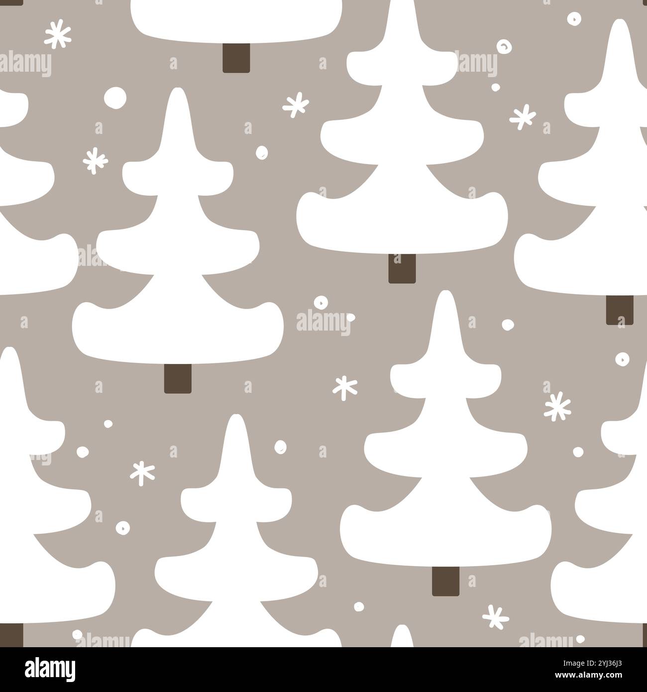 Simple abstract seamless pattern with white fir trees and doodle snow ...