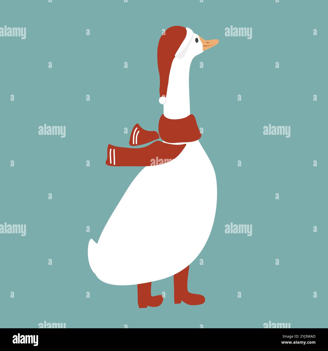 Cute funny cartoon goose in red scarf, Santa Claus hat and boots. Merry ...