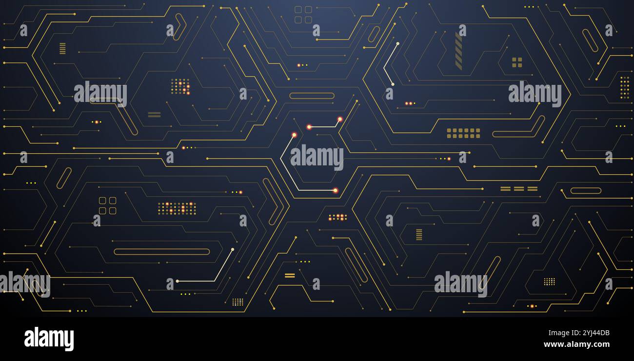 Abstract technology background. Gold circuit lines and connected dots. Stock Vector