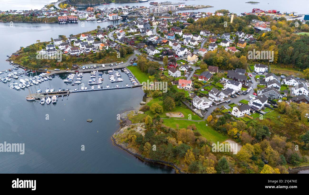 Aerial view of a coastal town with houses, marinas, and lush greenery ...