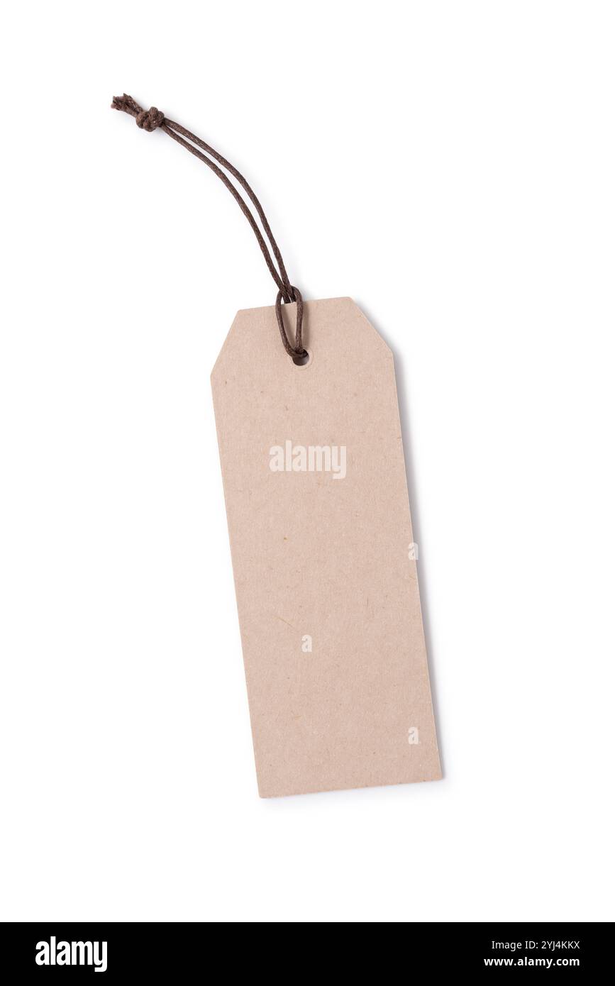 Blank price tag or label tied with string isolated on white background ...