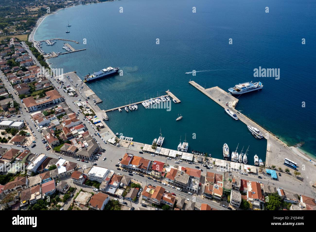 Aerial drone view of Sami port, Kefalonia island, greece, showing ...