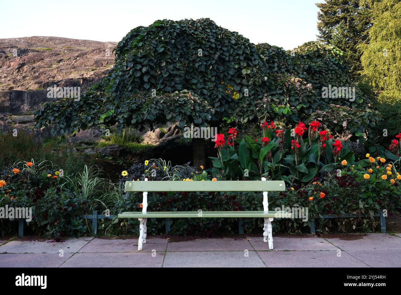 Empty bench in park flowers hi-res stock photography and images - Alamy