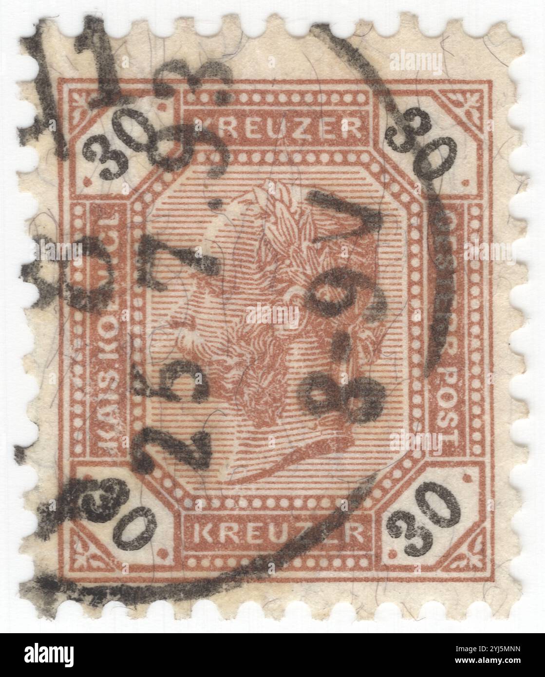 postage stamp depicting Embossed portrait of Austrian Monarch Emperor Franz Josef. Franz Joseph I or Francis Joseph I was Emperor of Austria, King of Hungary, and the other states of the Habsburg monarchy from 2 December 1848 until his death on 21 November 1916. In the early part of his reign, his realms and territories were referred to as the Austrian Empire, but were reconstituted as the dual monarchy of the Austro-Hungarian Empire in 1867. From 1 May 1850 to 24 August 1866, Franz Joseph was also President of the German Confederation Stock Photo