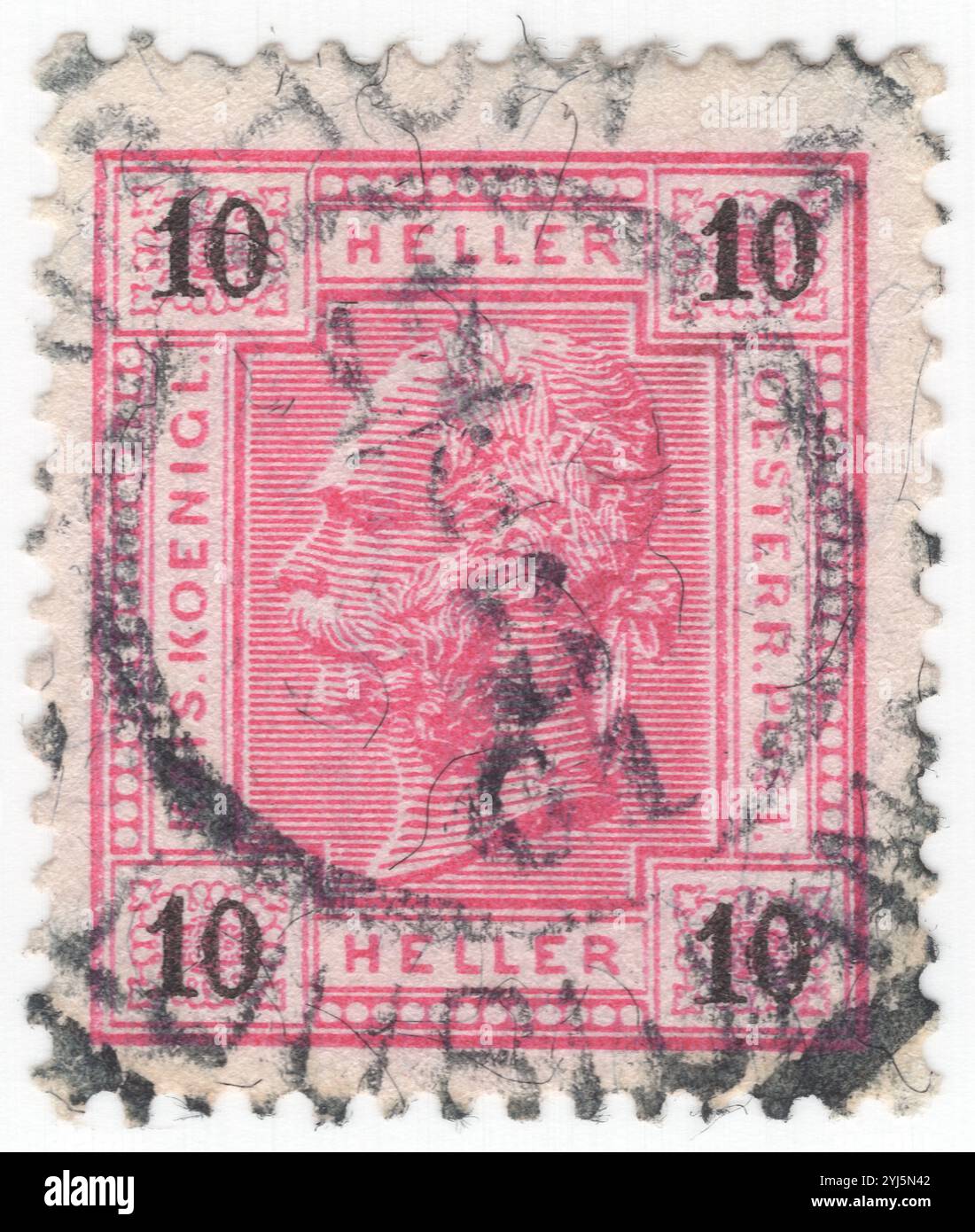 AUSTRIA — 1899 December 01: 10 heller rose postage stamp depicting Embossed portrait of Austrian Monarch Emperor Franz Josef. Franz Joseph I or Francis Joseph I was Emperor of Austria, King of Hungary, and the other states of the Habsburg monarchy from 2 December 1848 until his death on 21 November 1916. In the early part of his reign, his realms and territories were referred to as the Austrian Empire, but were reconstituted as the dual monarchy of the Austro-Hungarian Empire in 1867. From 1 May 1850 to 24 August 1866, Franz Joseph was also President of the German Confederation Stock Photo