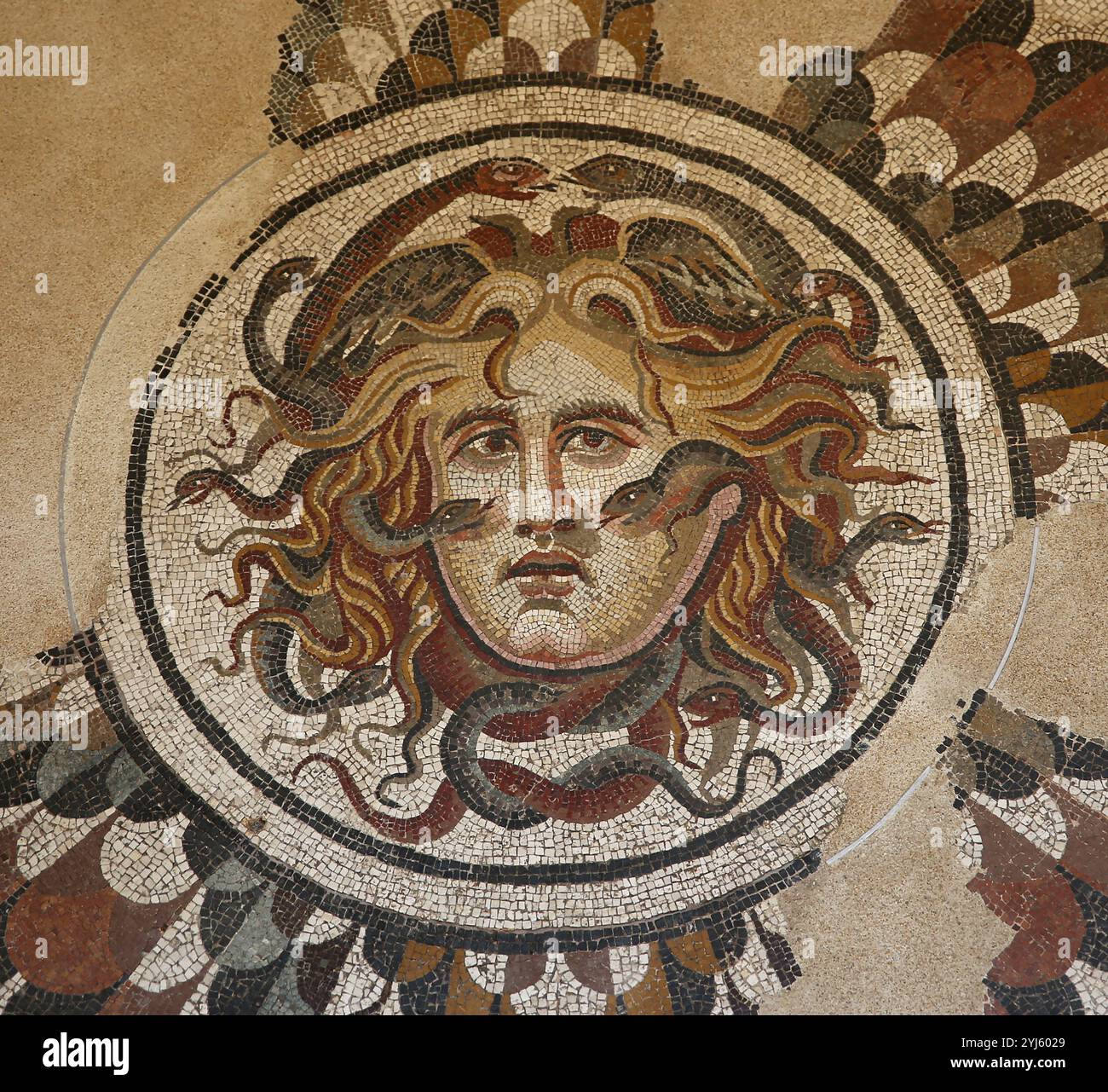 Central panel mosaic. Medusa's head. Roman era. 2nd-3rd century AD. Rome. National Roman Museum. Rome. Italy. Stock Photo
