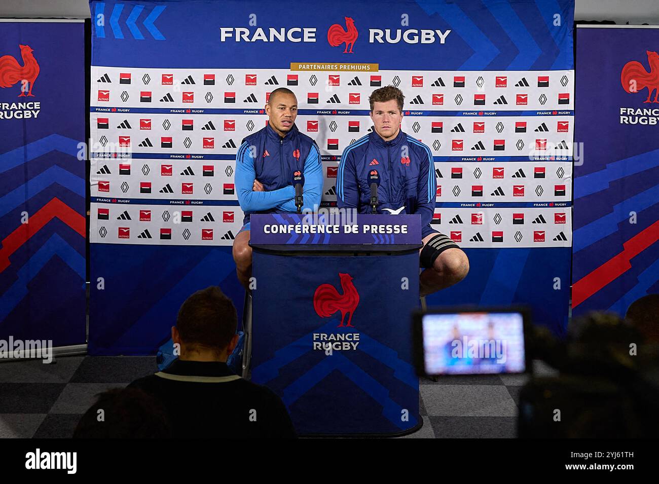 Marcoussis, France. 13th Nov, 2024. Gael Fickou and Thibaud Flament during press conference after training session of the French rugby team open to the public, at the National Rugby Center in Marcoussis, Essonne, France on November 13, 2024. Photo by Jean Pierre Nguyen Van Hai Barbier/ABACAPRESS.COM Credit: Abaca Press/Alamy Live News Stock Photo