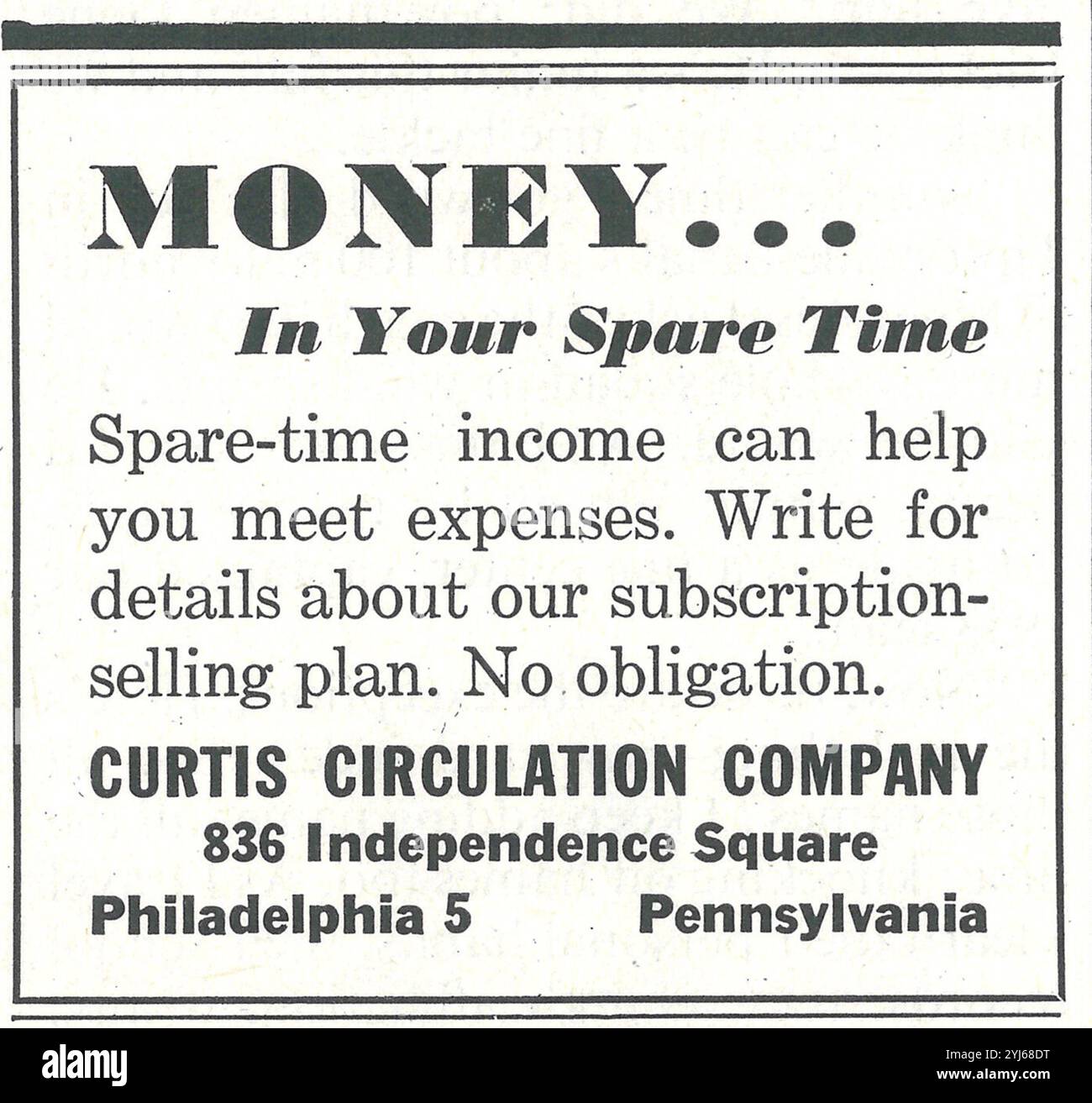 1956 Curtis Circulation Company ad - a magazine distribution company - "Money in your spare time...no obligation" Stock Photo