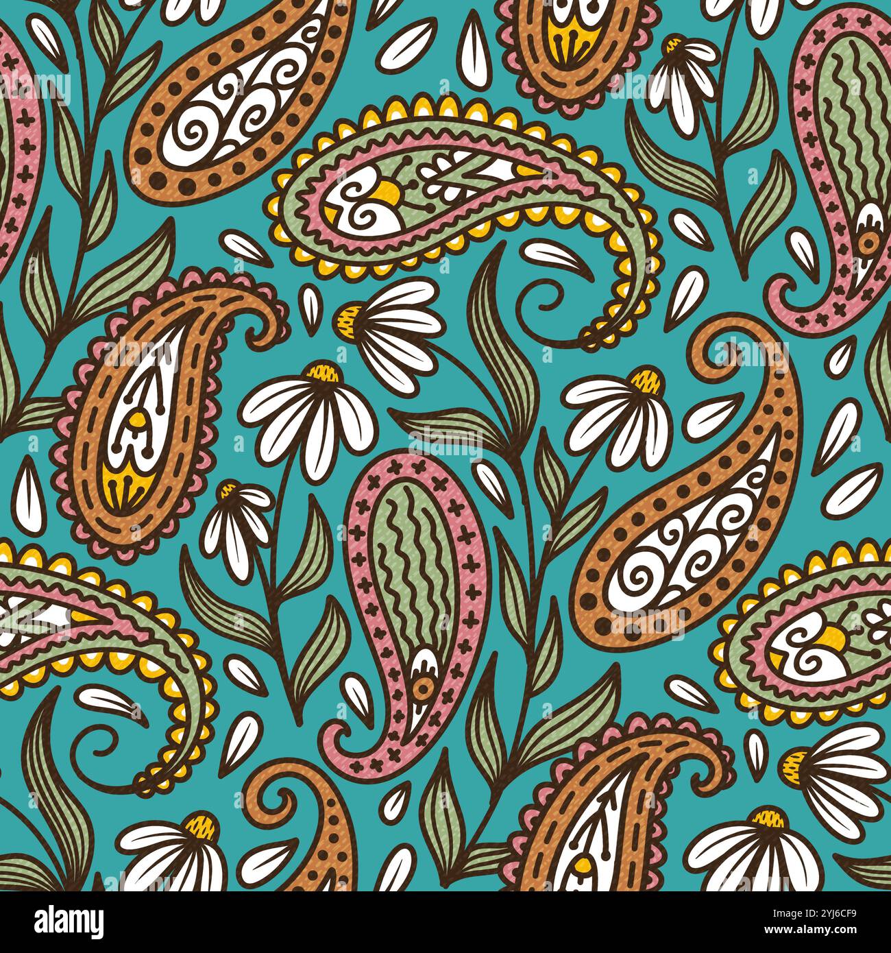 Seamless Paisley Pattern with daisies. Hand Drawn Floral Illustration ...