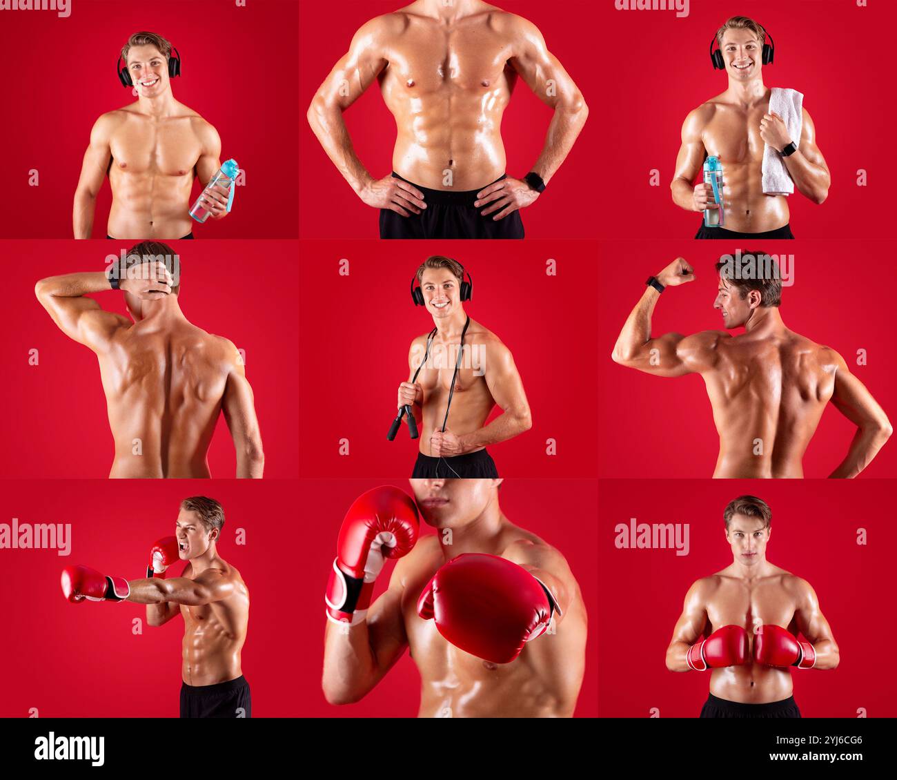 A fit athlete poses in different stances while holding a water bottle ...