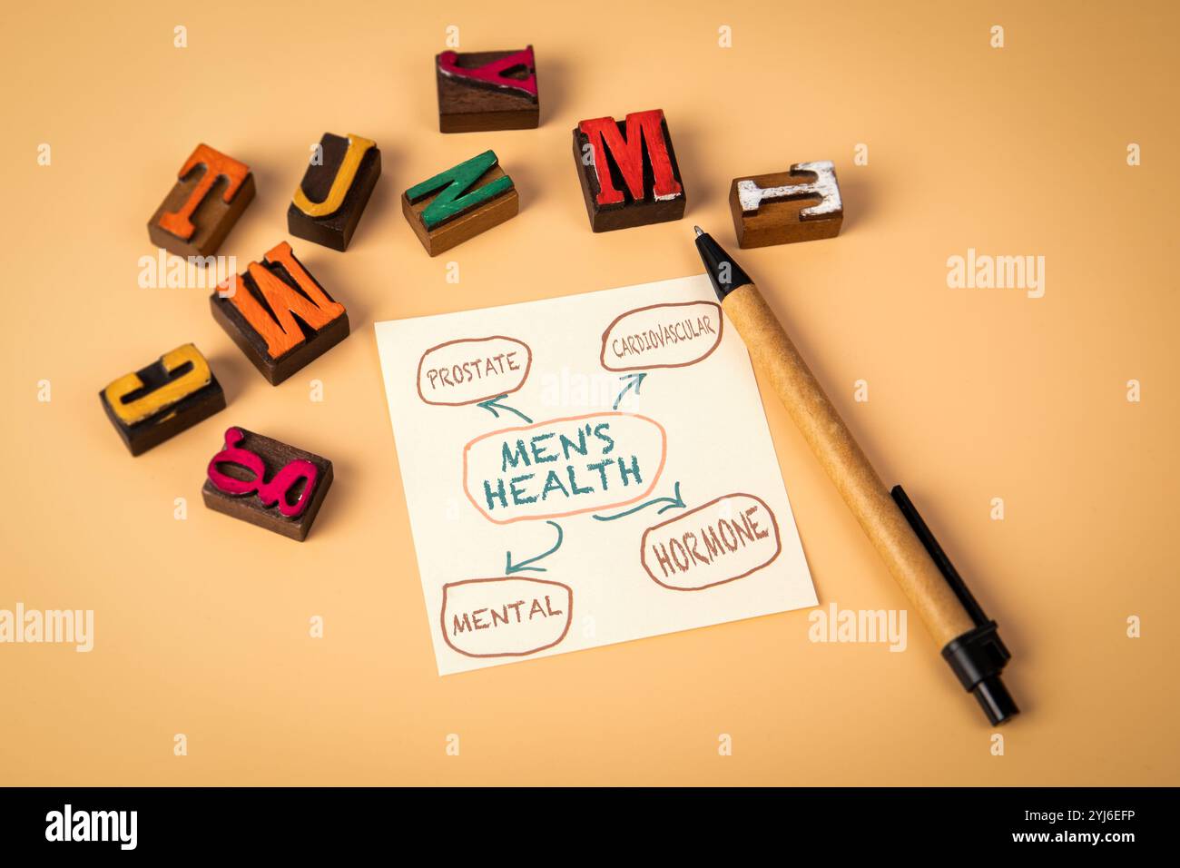 Men's Health Concept. Notepad and wooden alphabet letters on a light ...