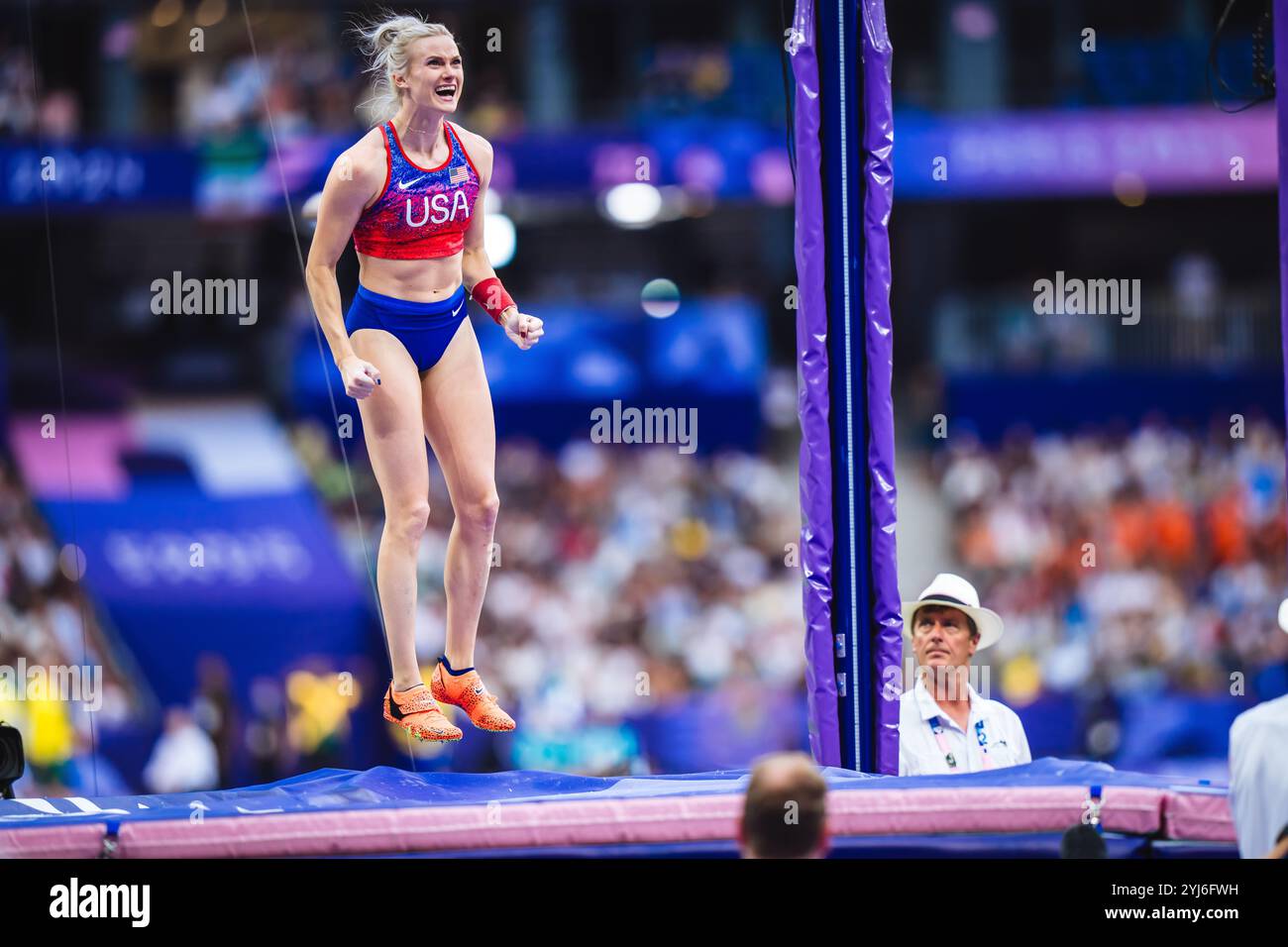 Katie Moon participating in the pole vault at the Paris 2024 Olympic ...