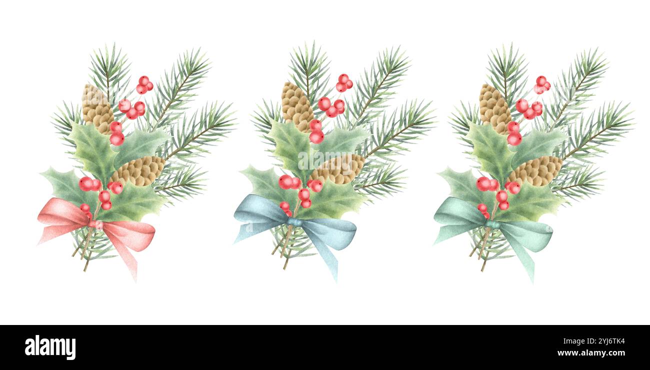 Christmas bouquets set with fir branches, cones and holly berries and ...