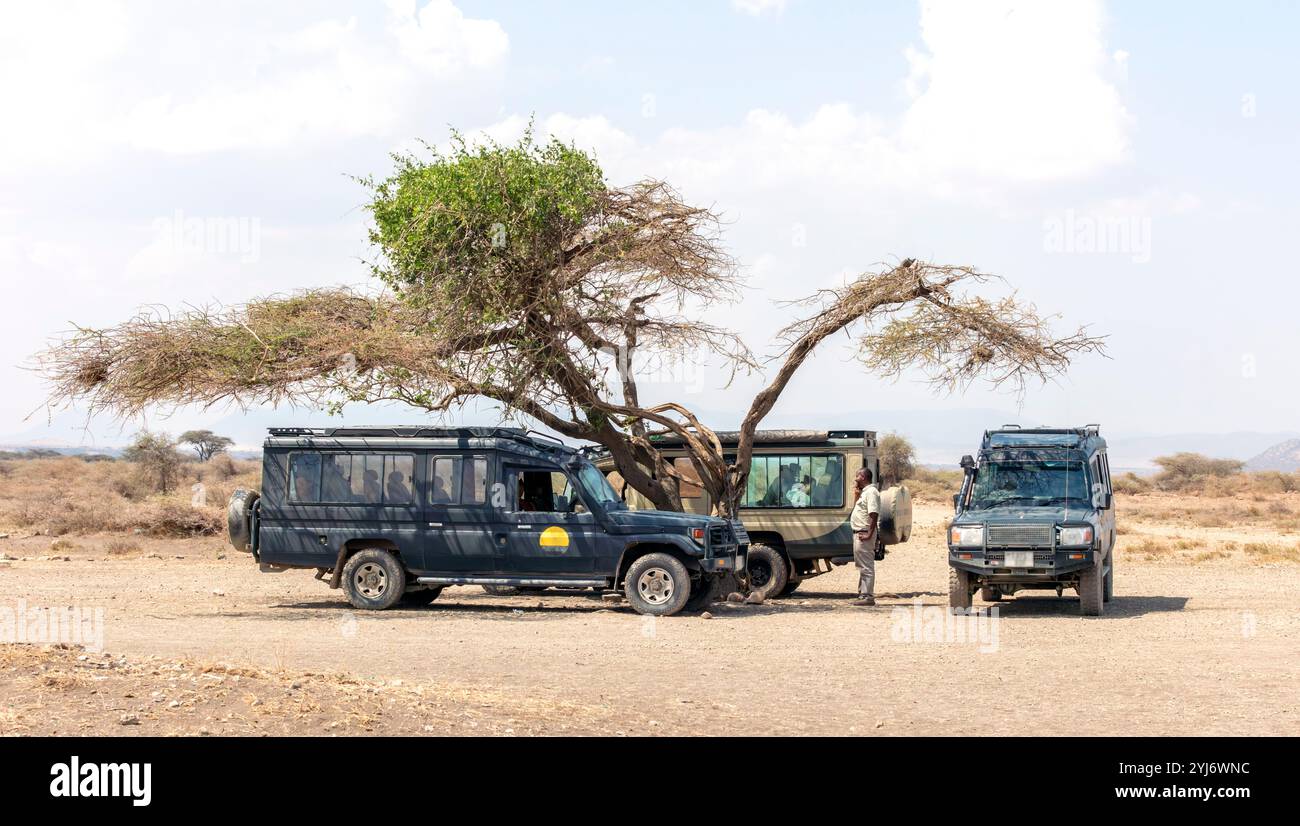 Toyota Land Cruisers East African landscape Stock Photo