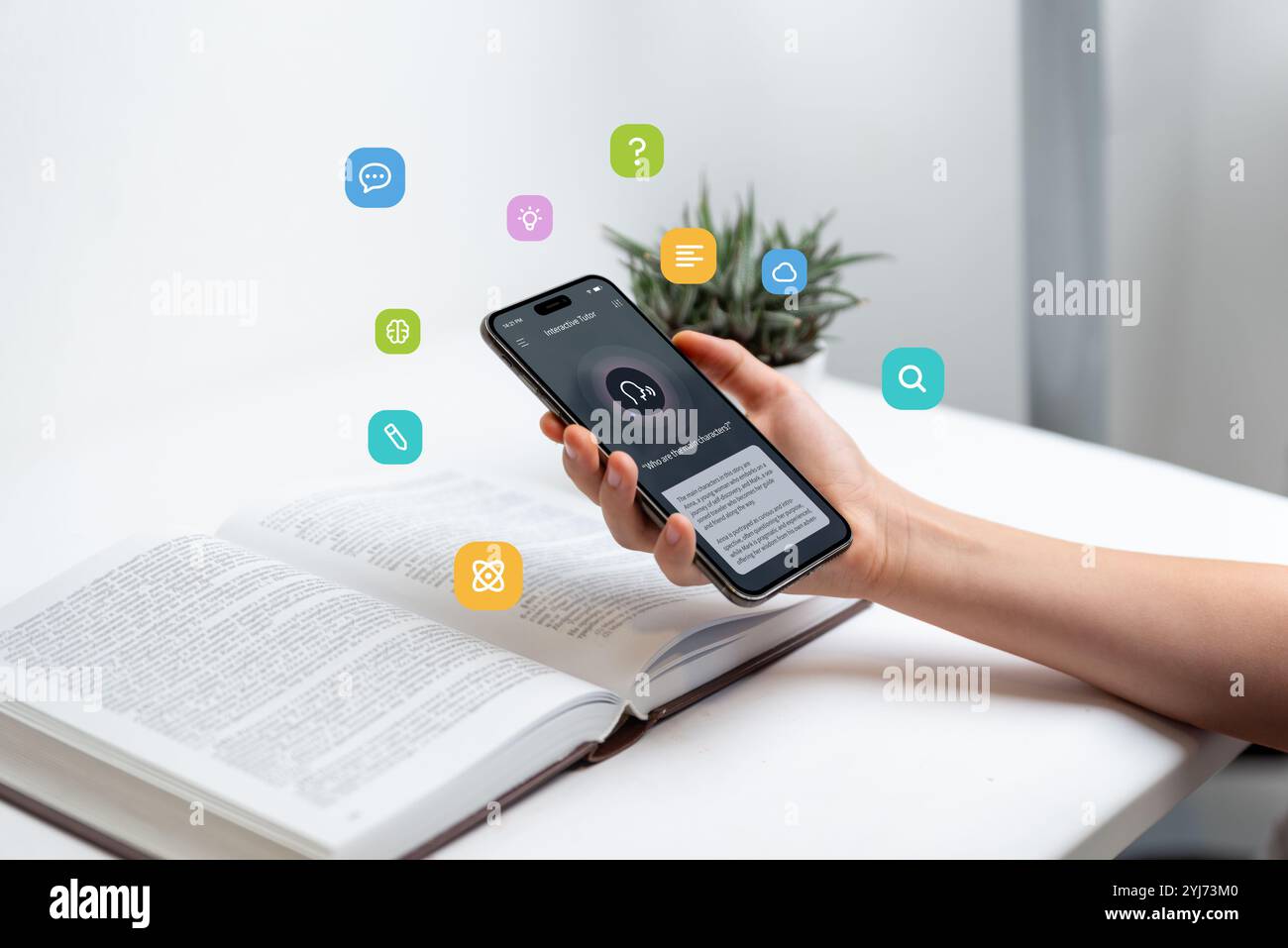 Hand Holding Smartphone Above Open Book Using Voice to text App For Hand holding smartphone above open book using voice to text app for