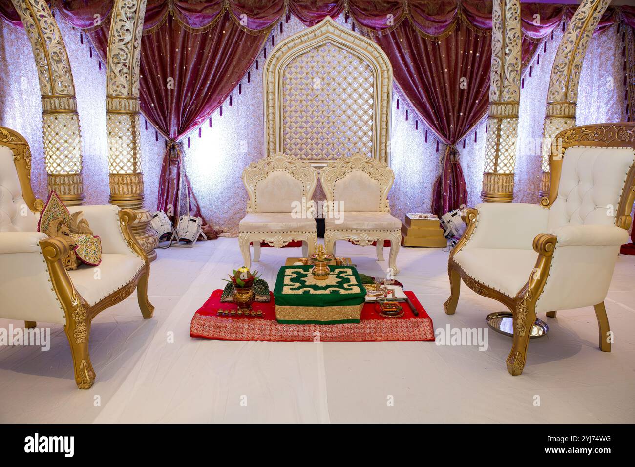 Traditional Indian Wedding Mandap with Hindu Ceremony Tools and Sacred Ritual Decor Stock Photo