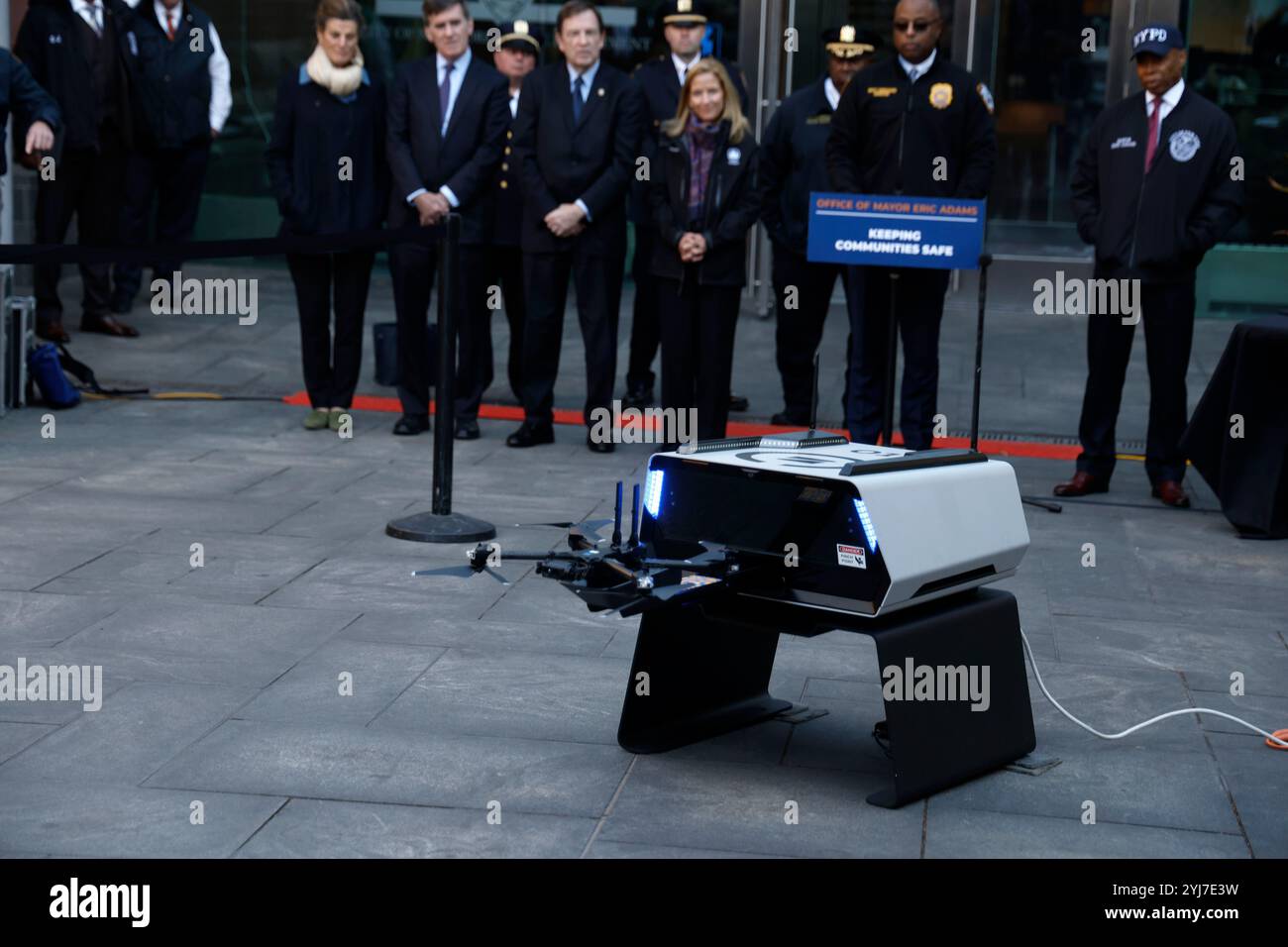 New York, USA. 13th Nov, 2024. A police drone flies as Mayor Eric Adams ...