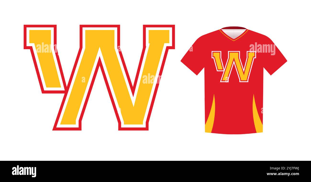 Bold yellow letter W with red outline, varsity sports emblem design on ...