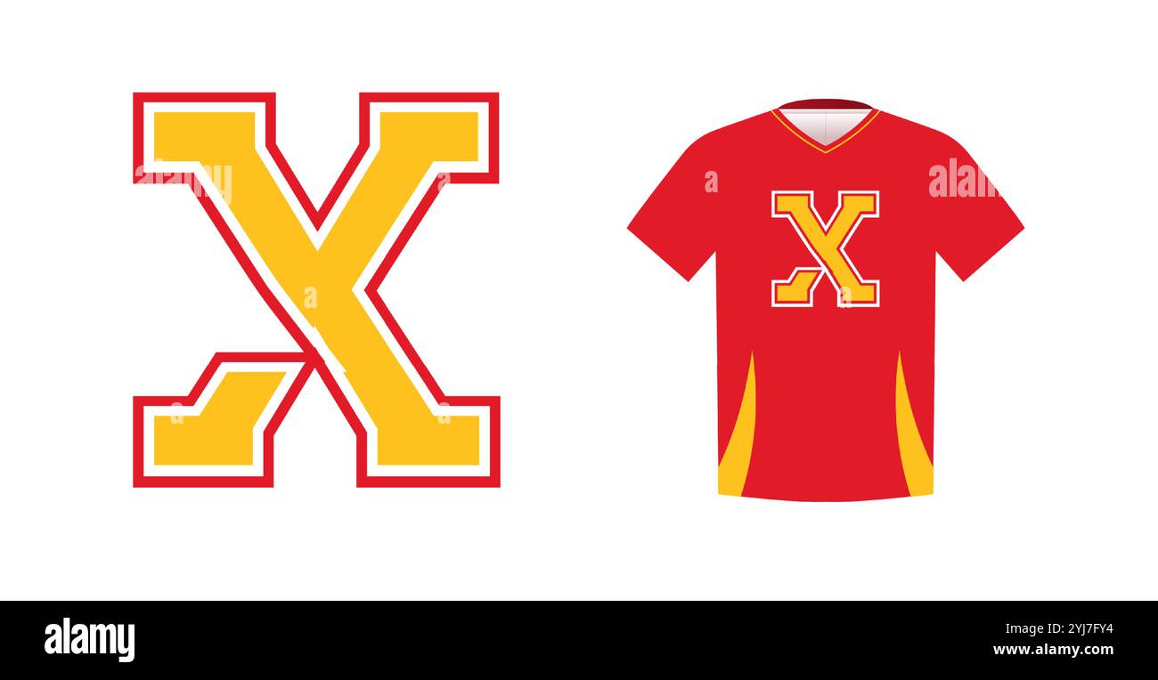 Bold yellow letter X with red outline, varsity sports emblem design on ...
