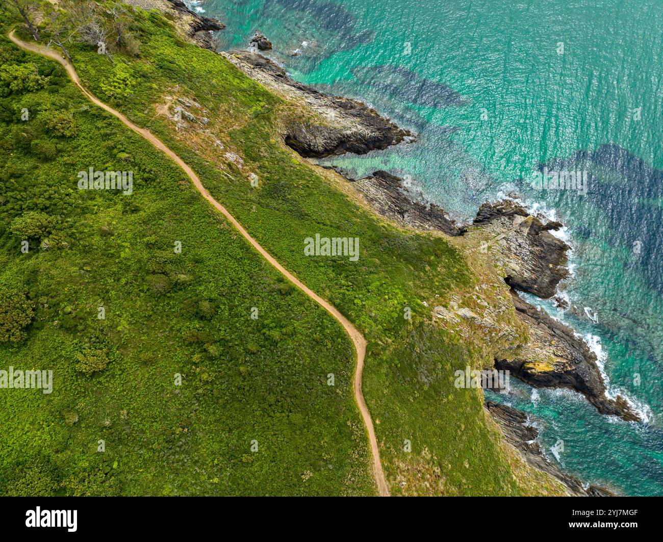 Aerial view of the customs officers' path and Brittany coast, walking ...