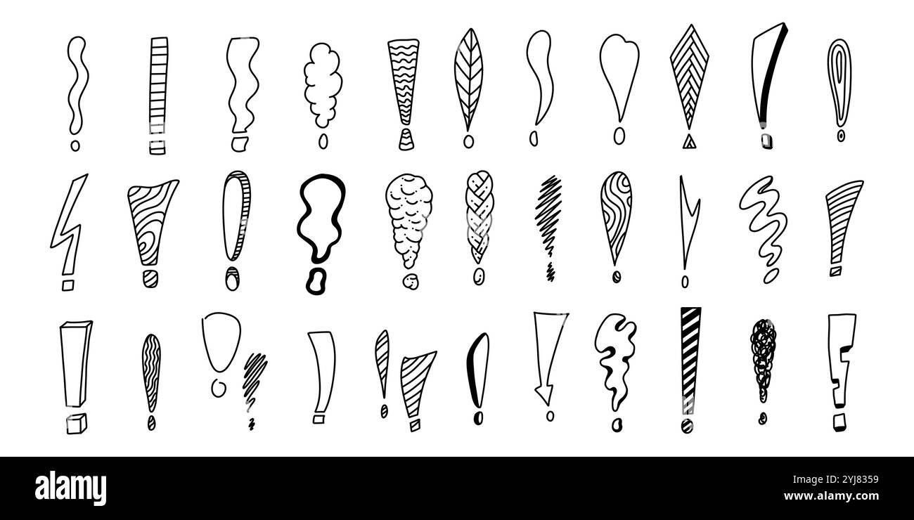 Doodle exclamation mark. Hand drawn punctuation marks and exclamatory ...