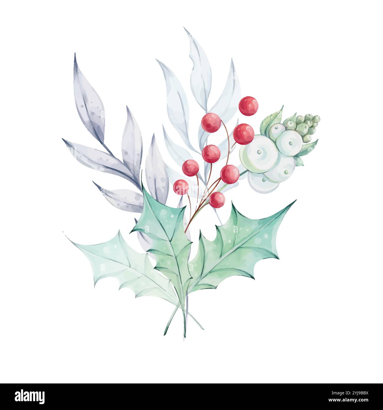 Christmas watercolor bouquet with holly green leaves and red berries ...