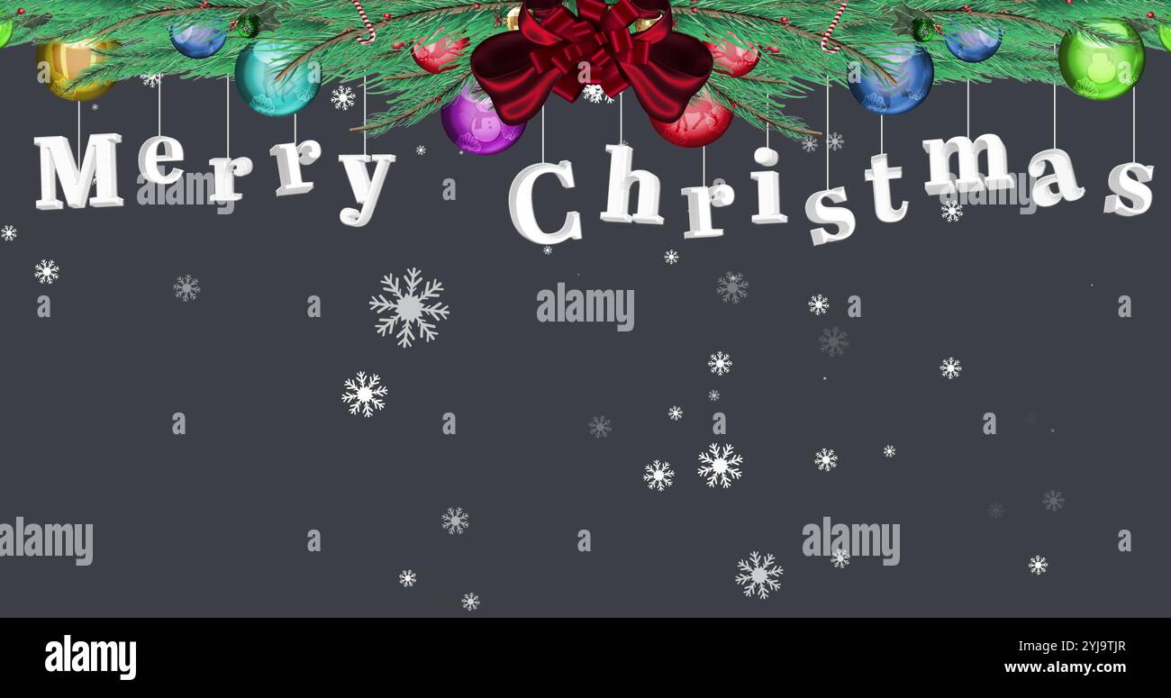 Image of fir tree with merry christmas text over snow falling on black ...