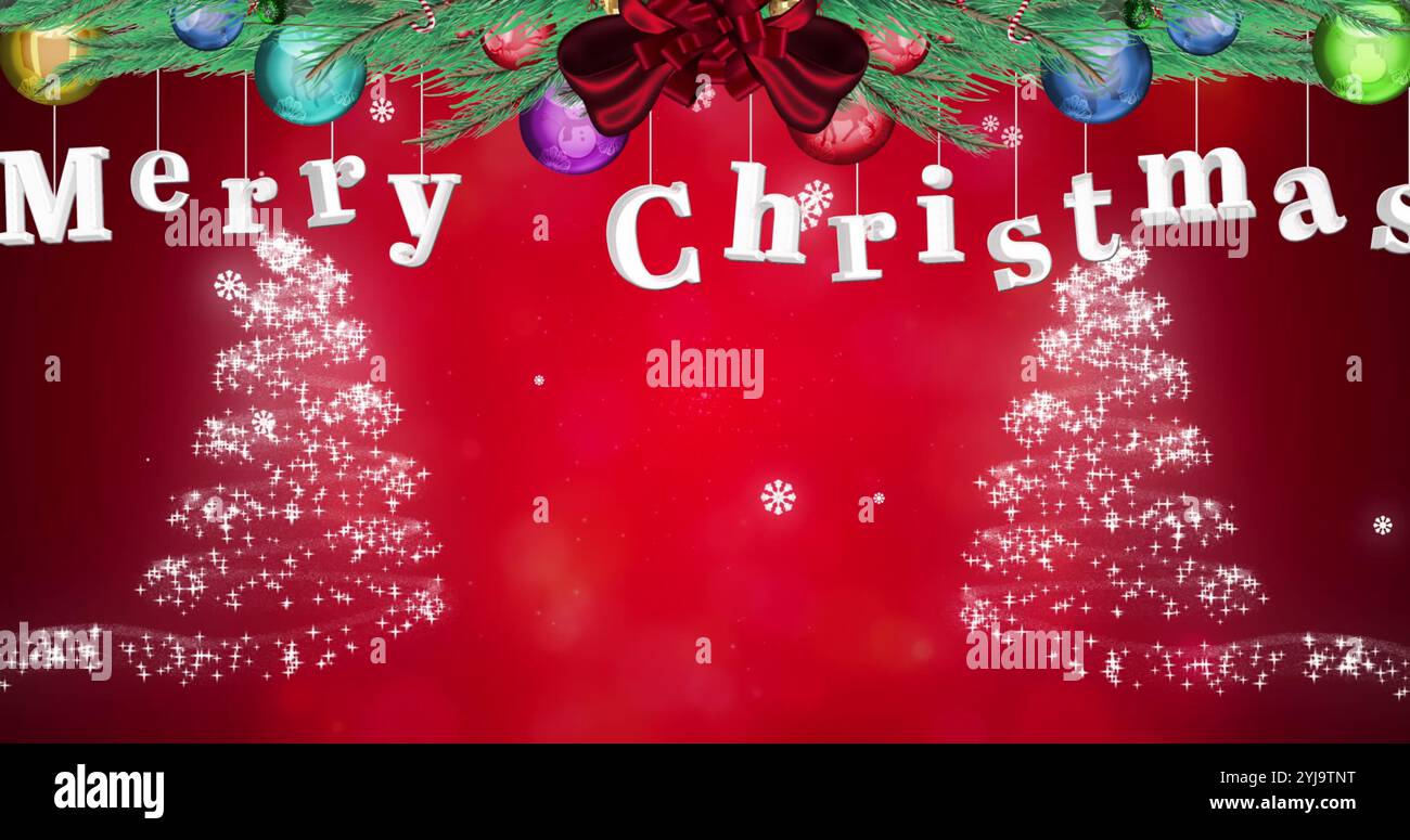 Image of fir tree with merry christmas text over snow falling and trees ...