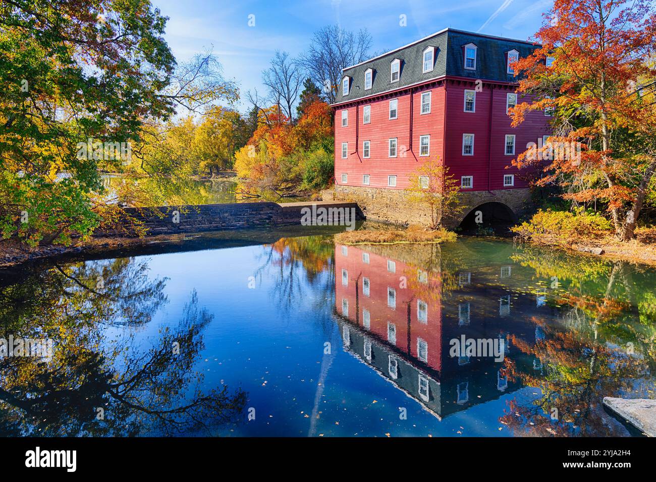 Autumn Landscape with the Kingston Gristmill at the Lake Carnegie Dam, New Jersey Stock Photo
