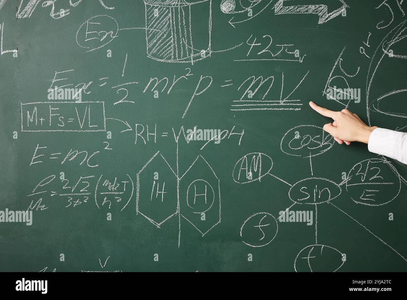 Pointing to mathematical equations written on blackboard Stock Photo